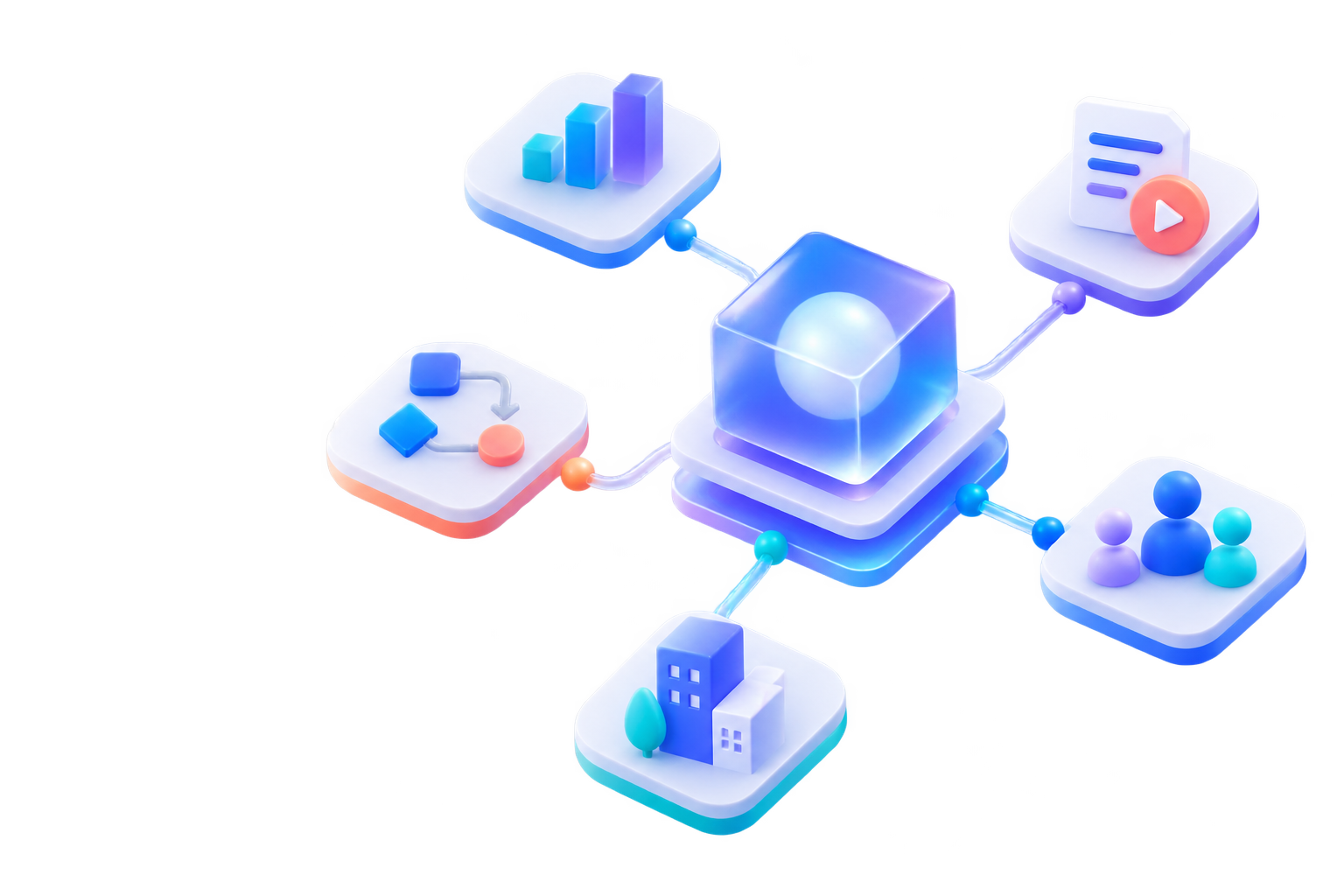 Connected AI workspace coordinating analytics, publishing, automation, collaboration, and property operations.